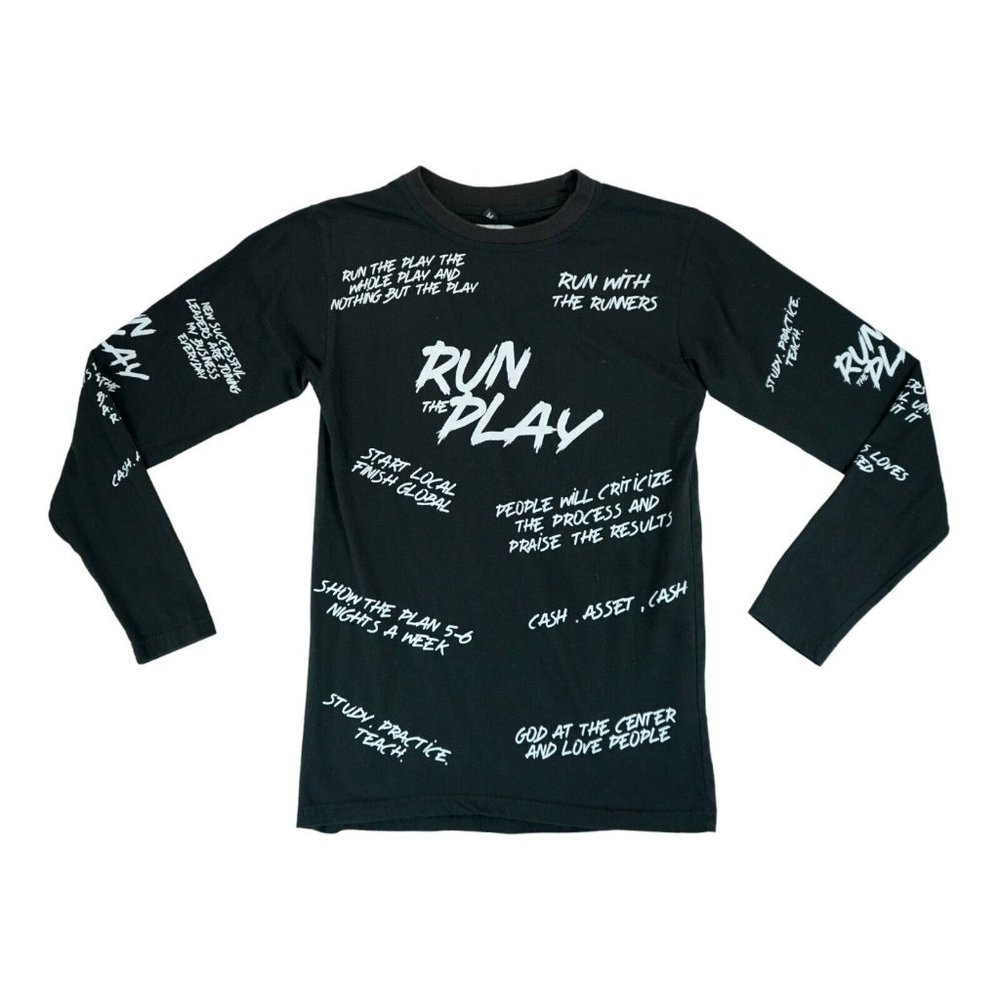 New Age Men's T-Shirt Long Sleeve Size Medium Messages Print ~ Black